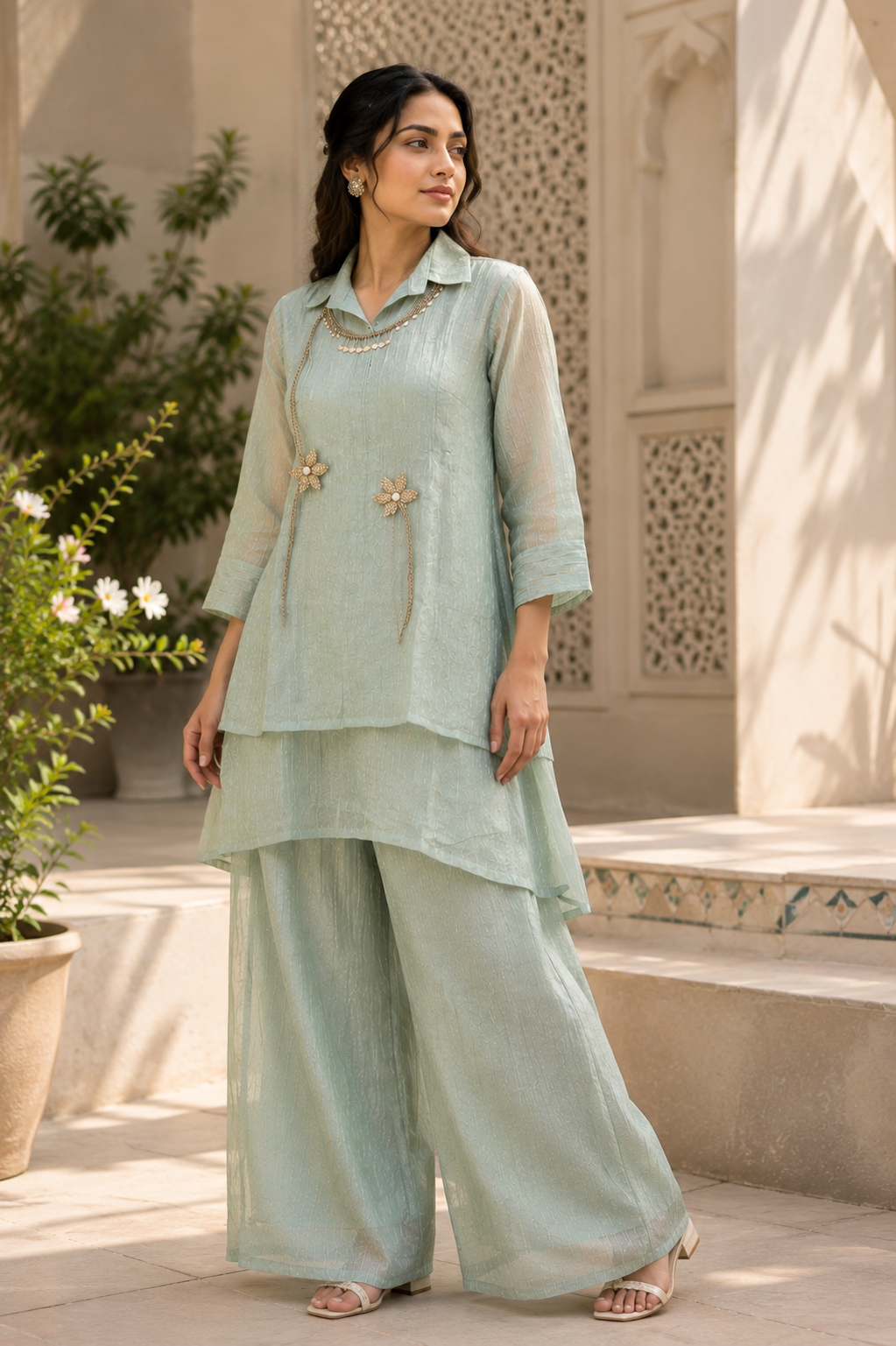 Sage green crushed tissue co-ord set - full length standing