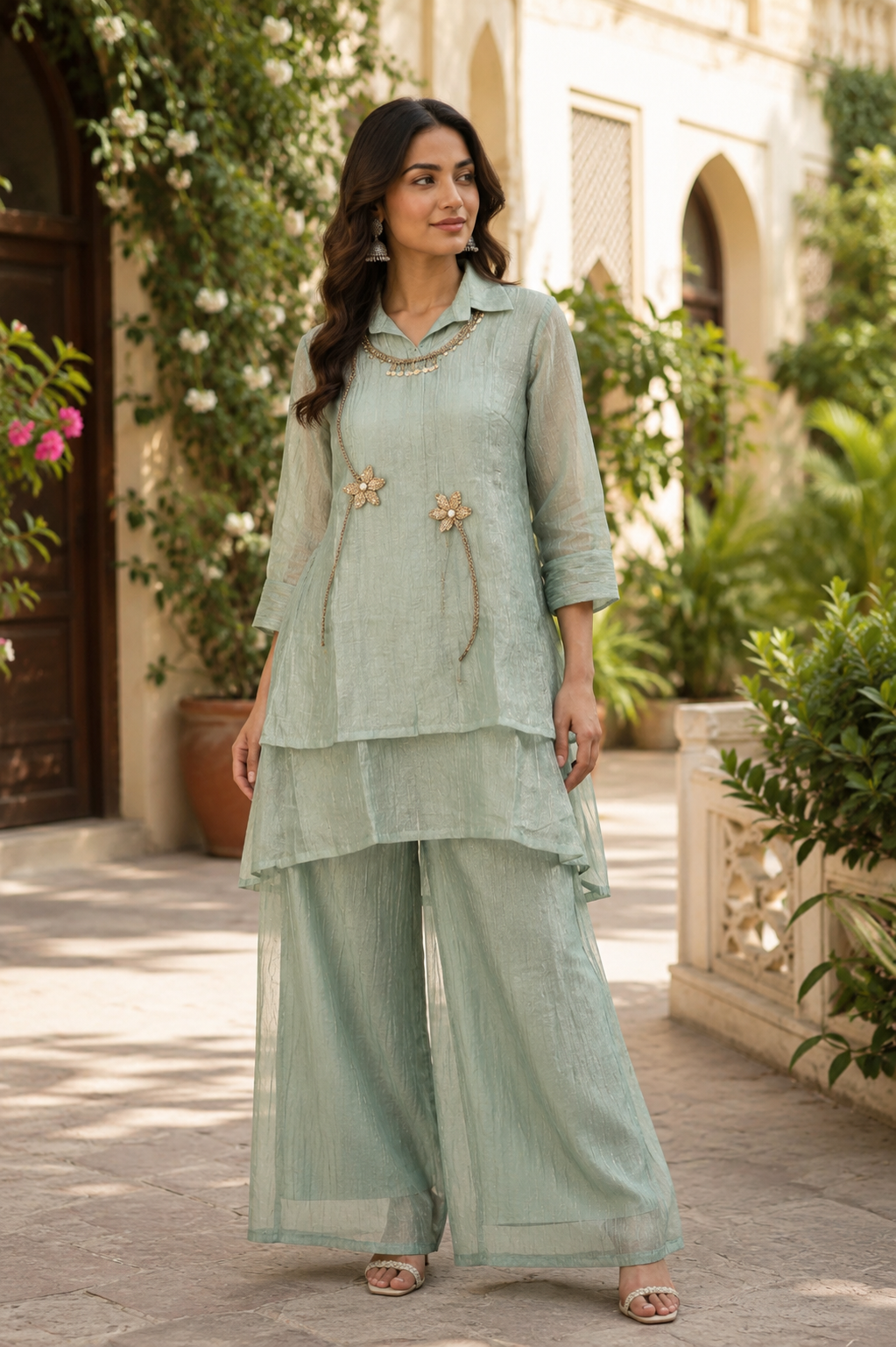 Blush rose crushed tissue co-ord set - full length standing outdoor