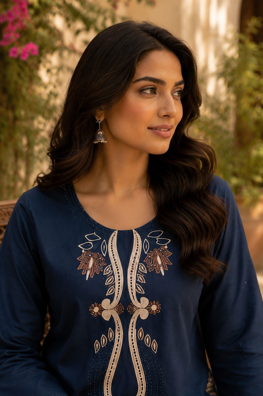 Navy blue embroidered cotton co-ord set - seated pose