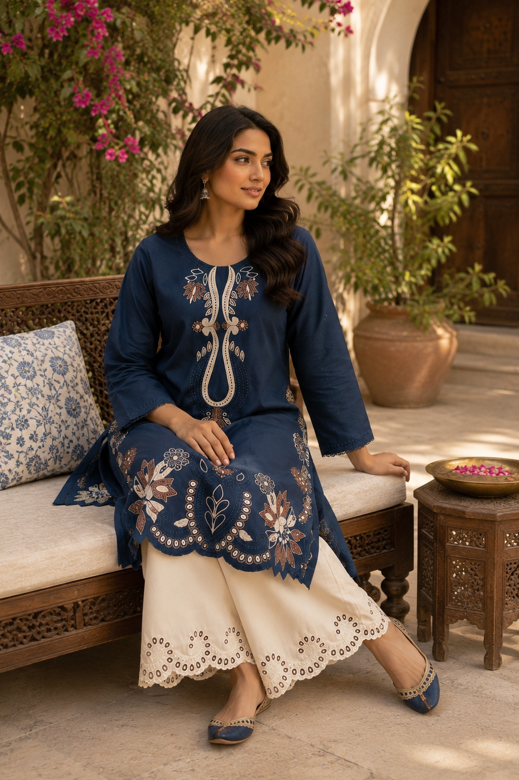 Navy blue embroidered cotton co-ord set - full length standing