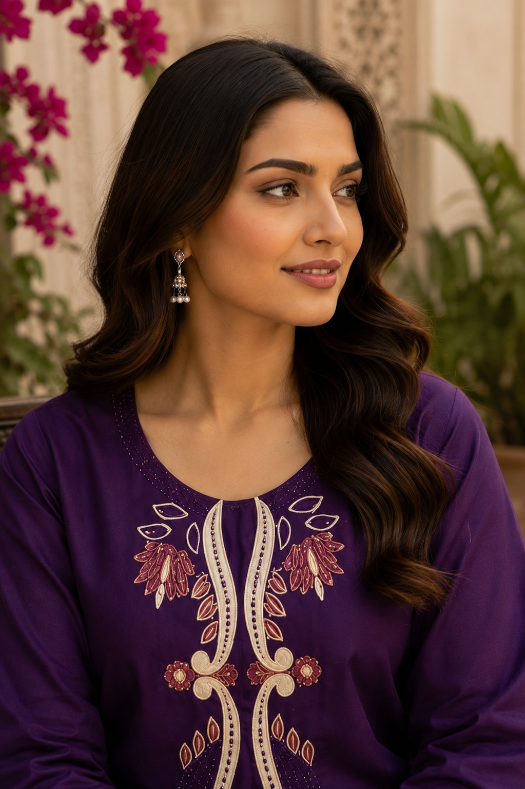 Royal purple embroidered cotton co-ord set - neckline close-up