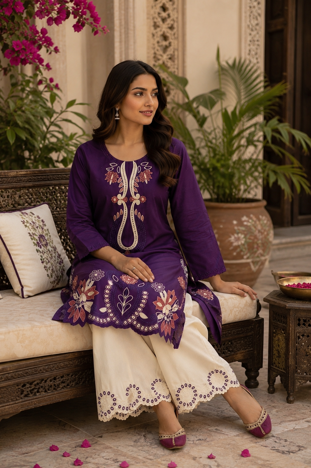 Royal purple embroidered cotton co-ord set - full length standing