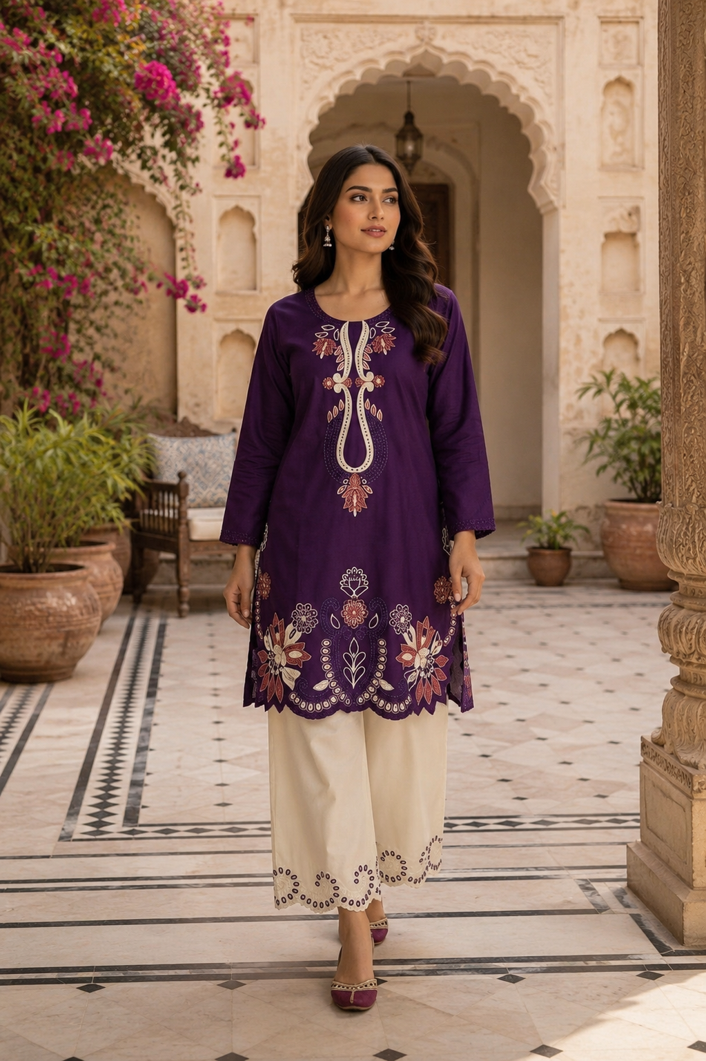 Royal purple embroidered cotton co-ord set - seated pose