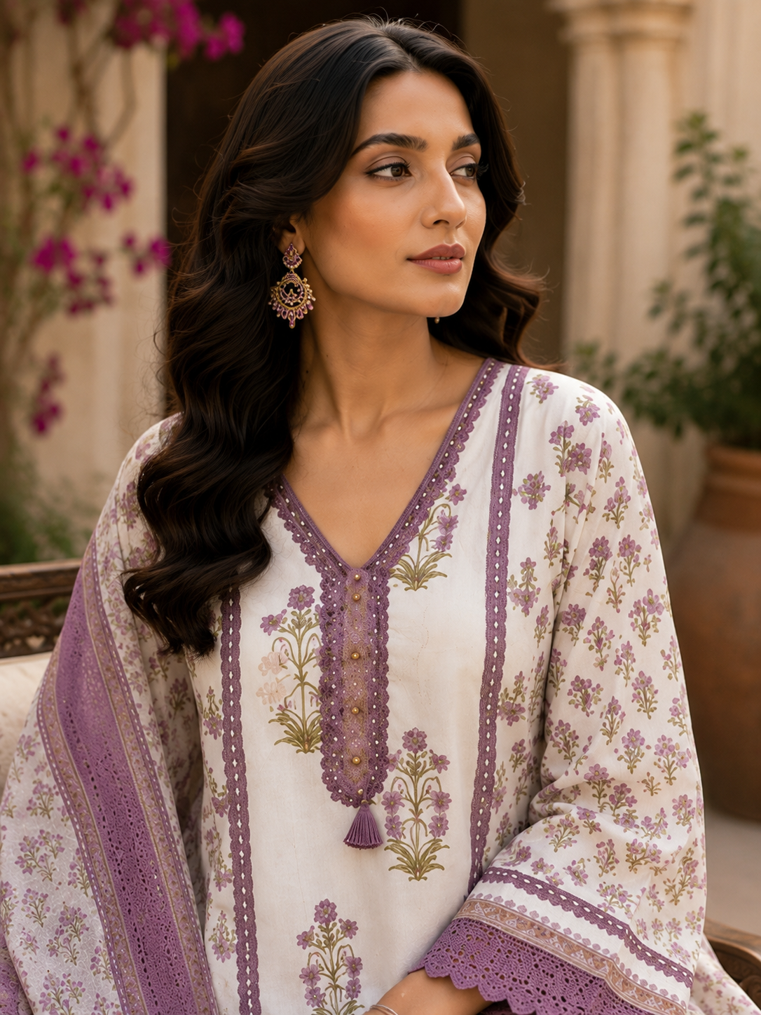 Mauve floral peplum kurta set - neckline close-up