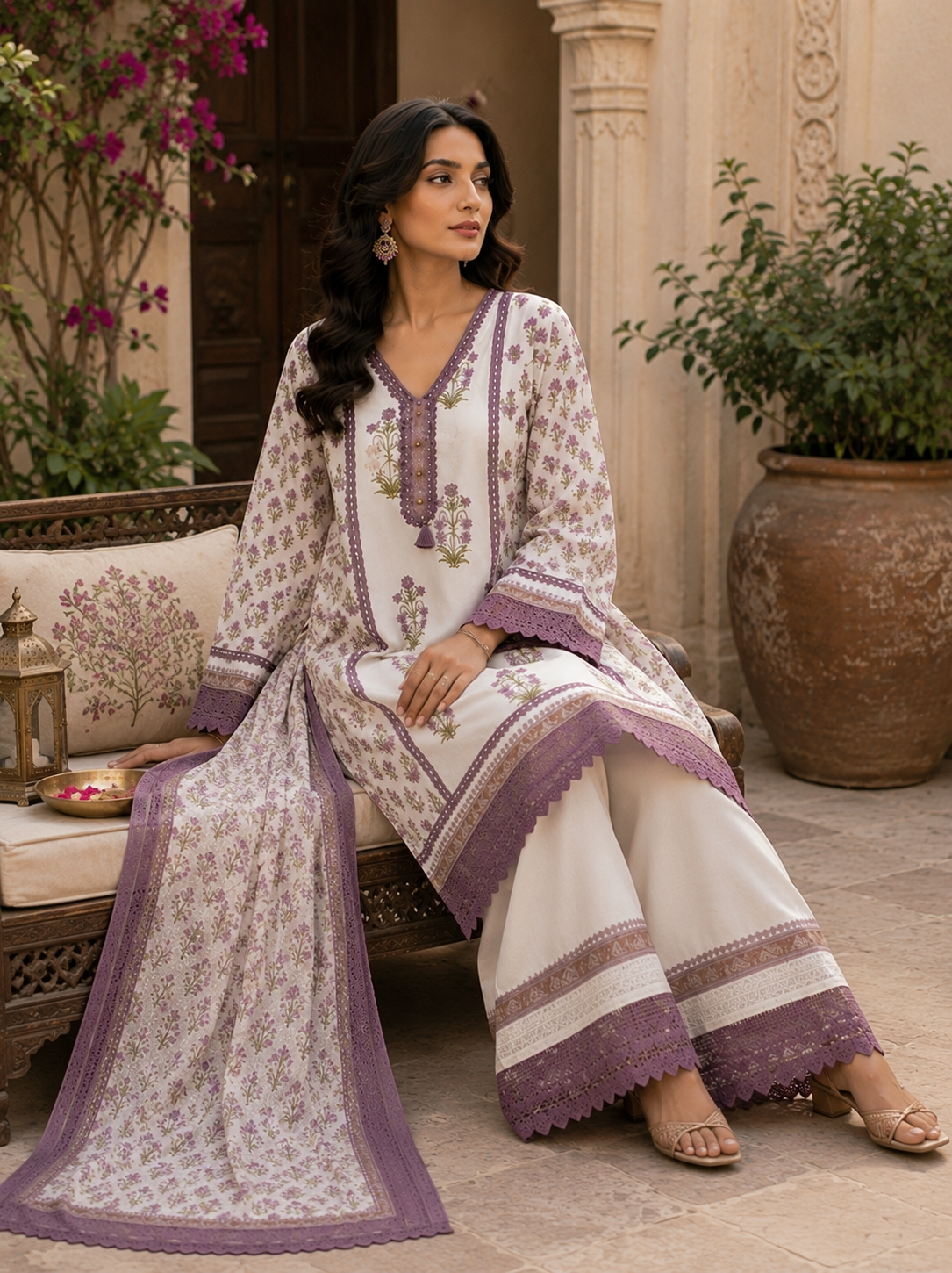 Mauve floral peplum kurta set - seated outdoor