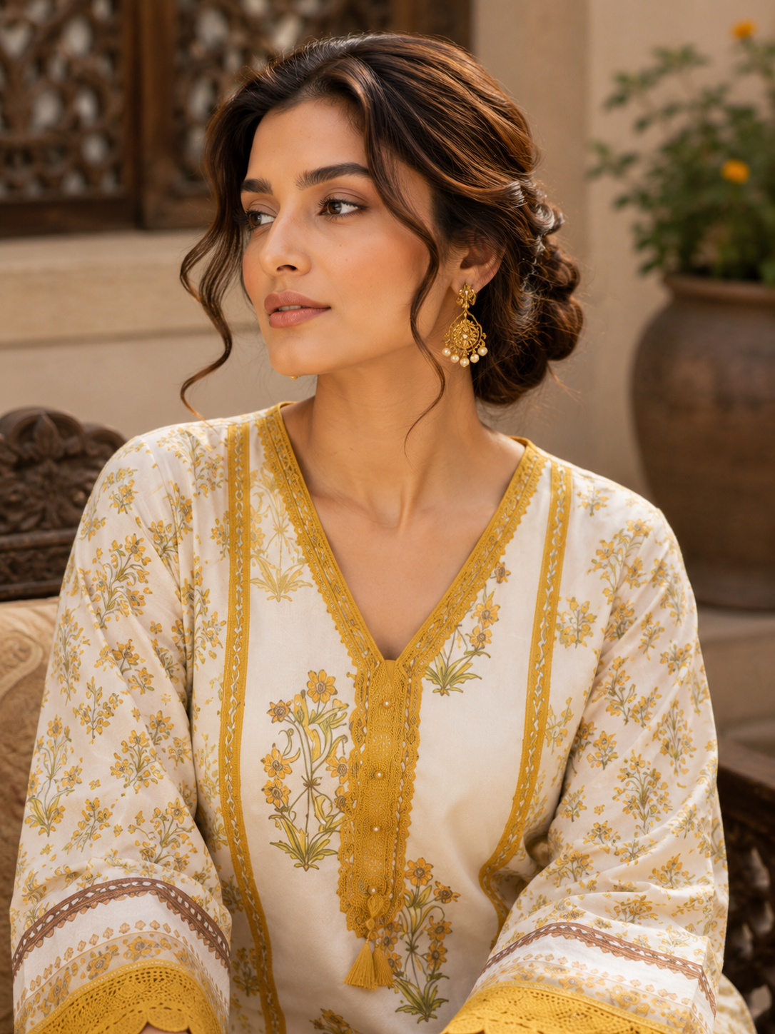 Mustard floral peplum kurta set - full length standing