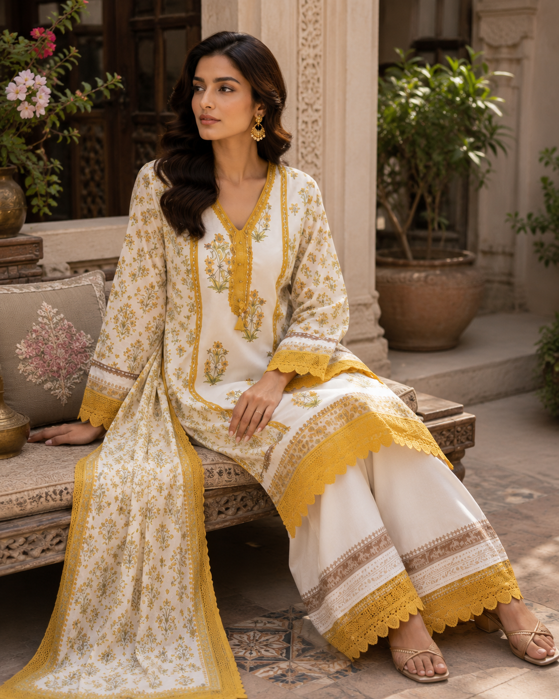 Mauve floral peplum kurta set - seated pose