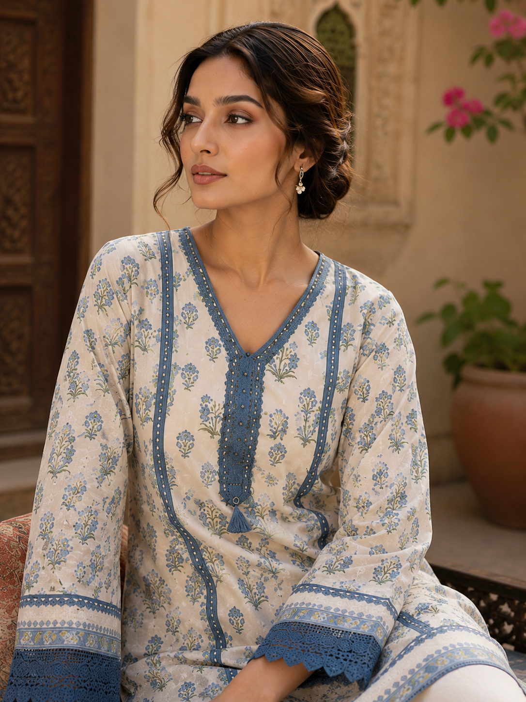 Steel blue floral peplum kurta set - seated close-up