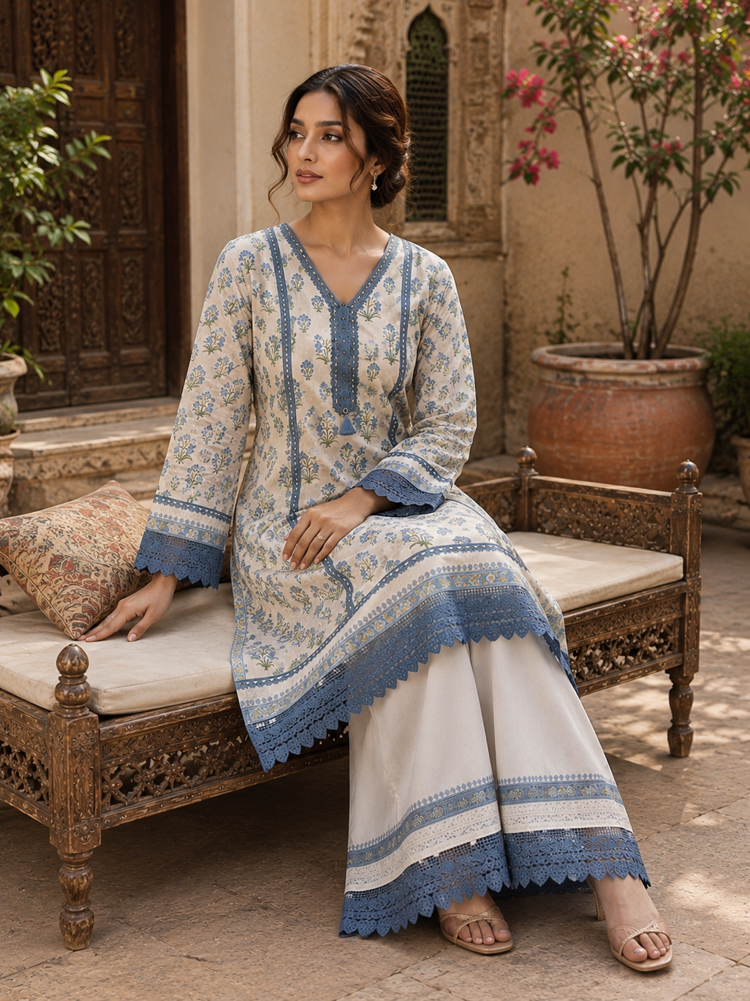 Mustard floral peplum kurta set - seated outdoor