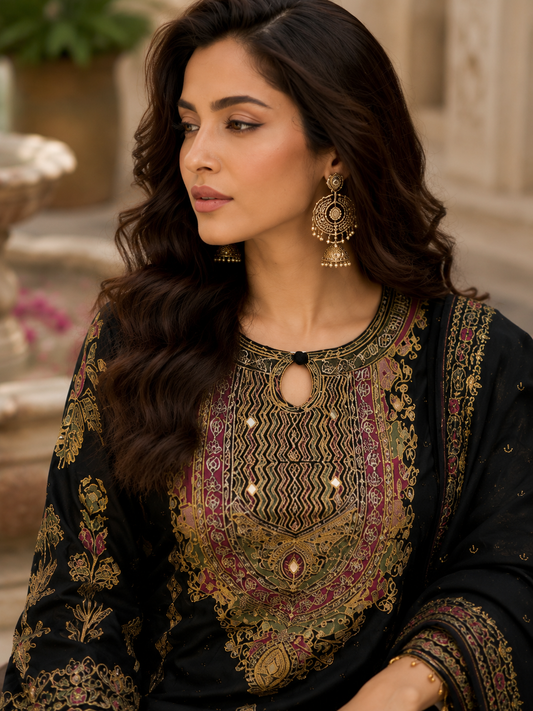 Onyx jaal viscose kurta set - neckline mirror work close-up