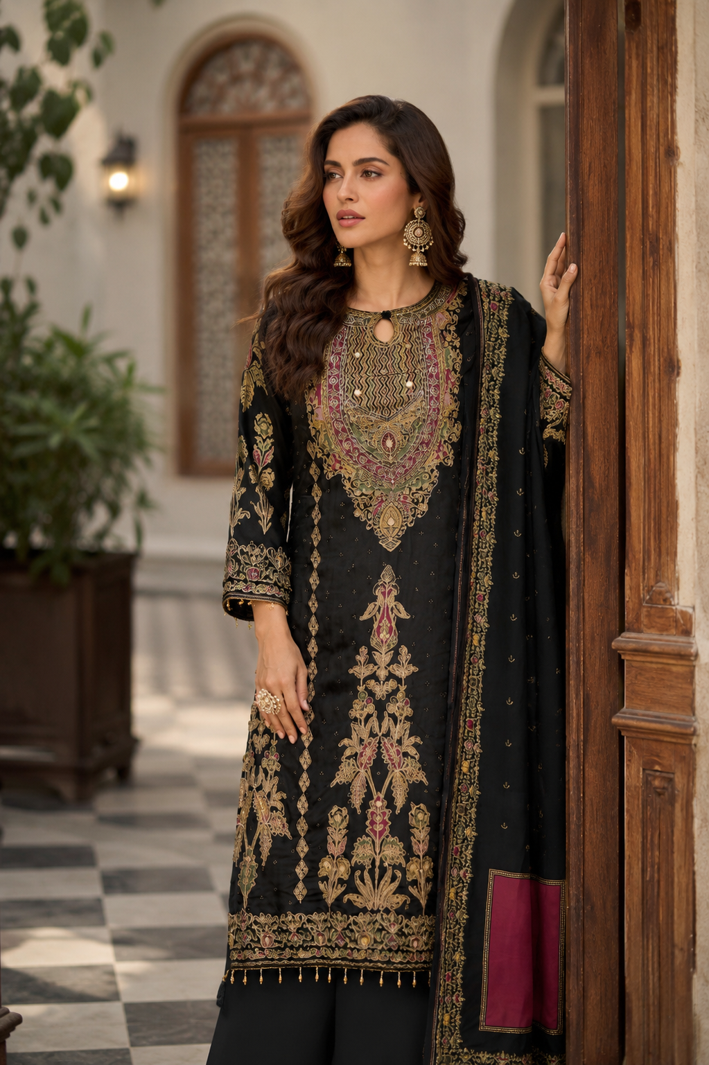 Onyx jaal viscose kurta set - seated pose