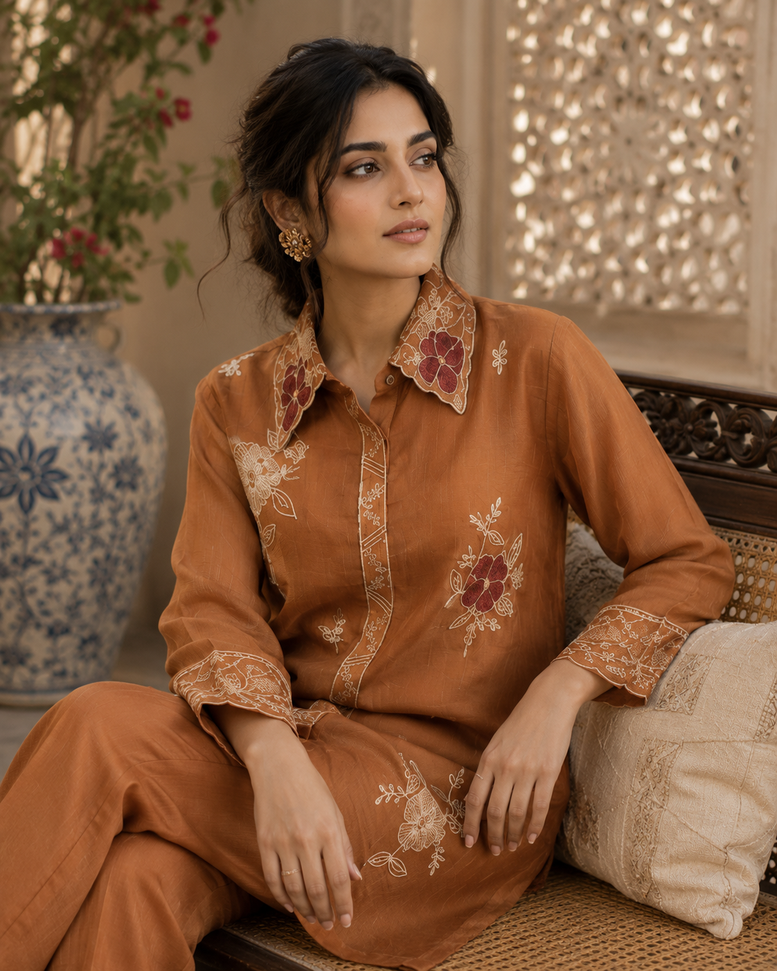 Mocha mul chanderi co-ord set - full length standing