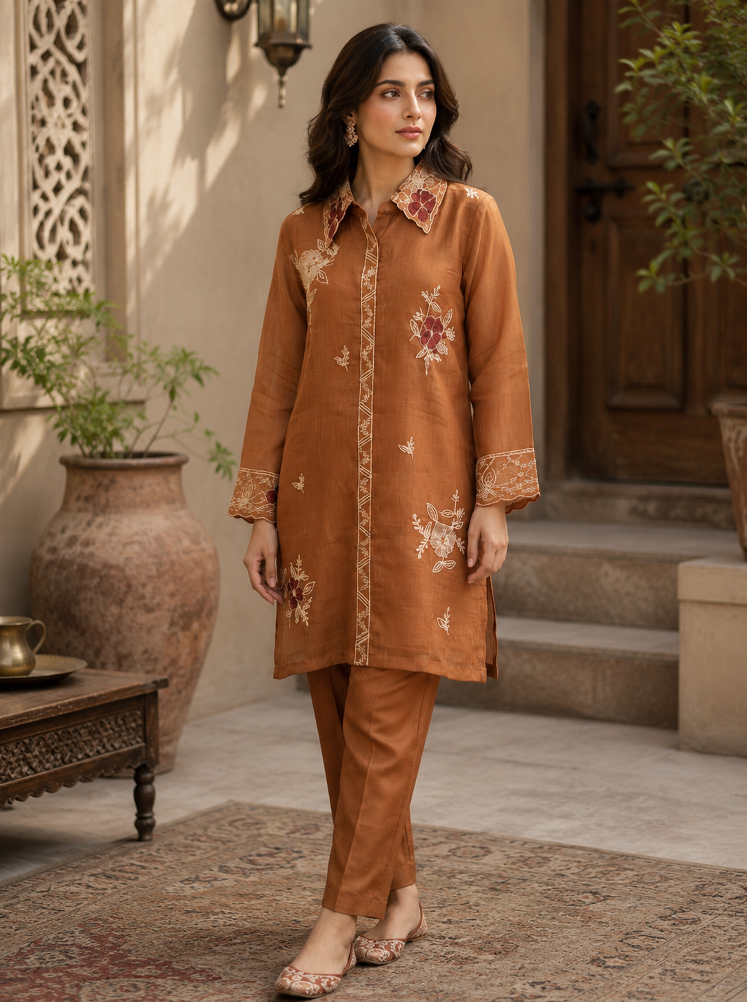 Mocha mul chanderi co-ord set - seated pose