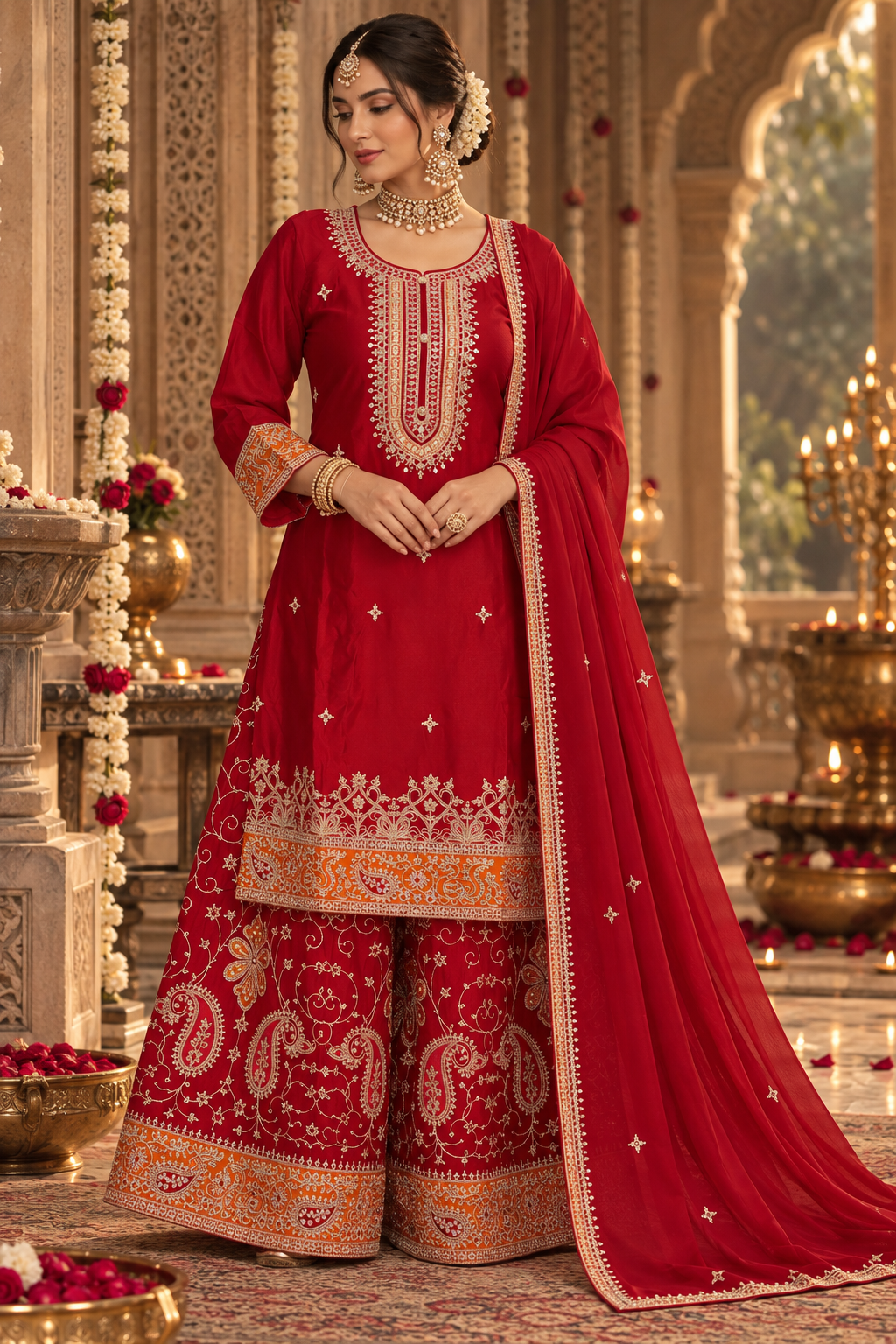 Crimson Paisley Chinon Gharara Suit Set - back view