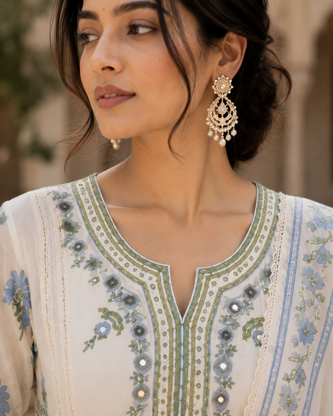 Ivory Bloom Kurta Set — close-up of embroidered neckline and mirror-work