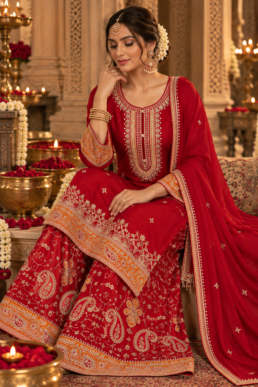 Crimson Paisley Chinon Gharara Suit Set - front full view with dupatta