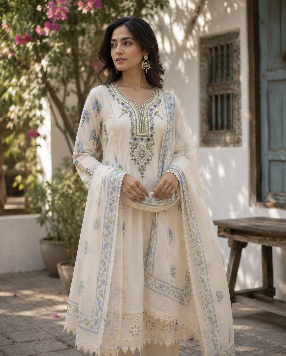 Ivory Bloom Kurta Set — full view with dupatta, flared silhouette